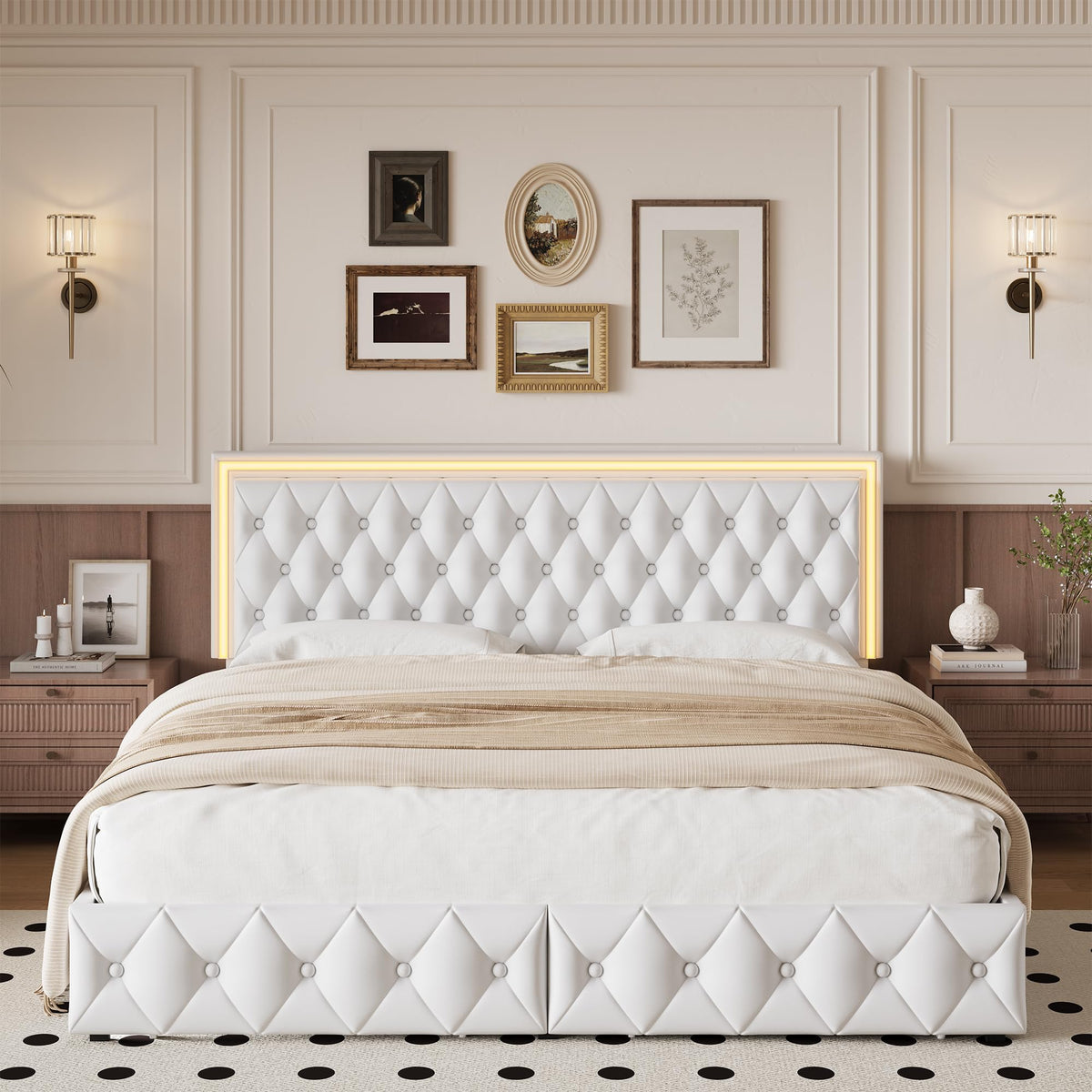 White Full Size LED Bed Frame with 4 Storage Drawers and Adjustable Headboard J518173