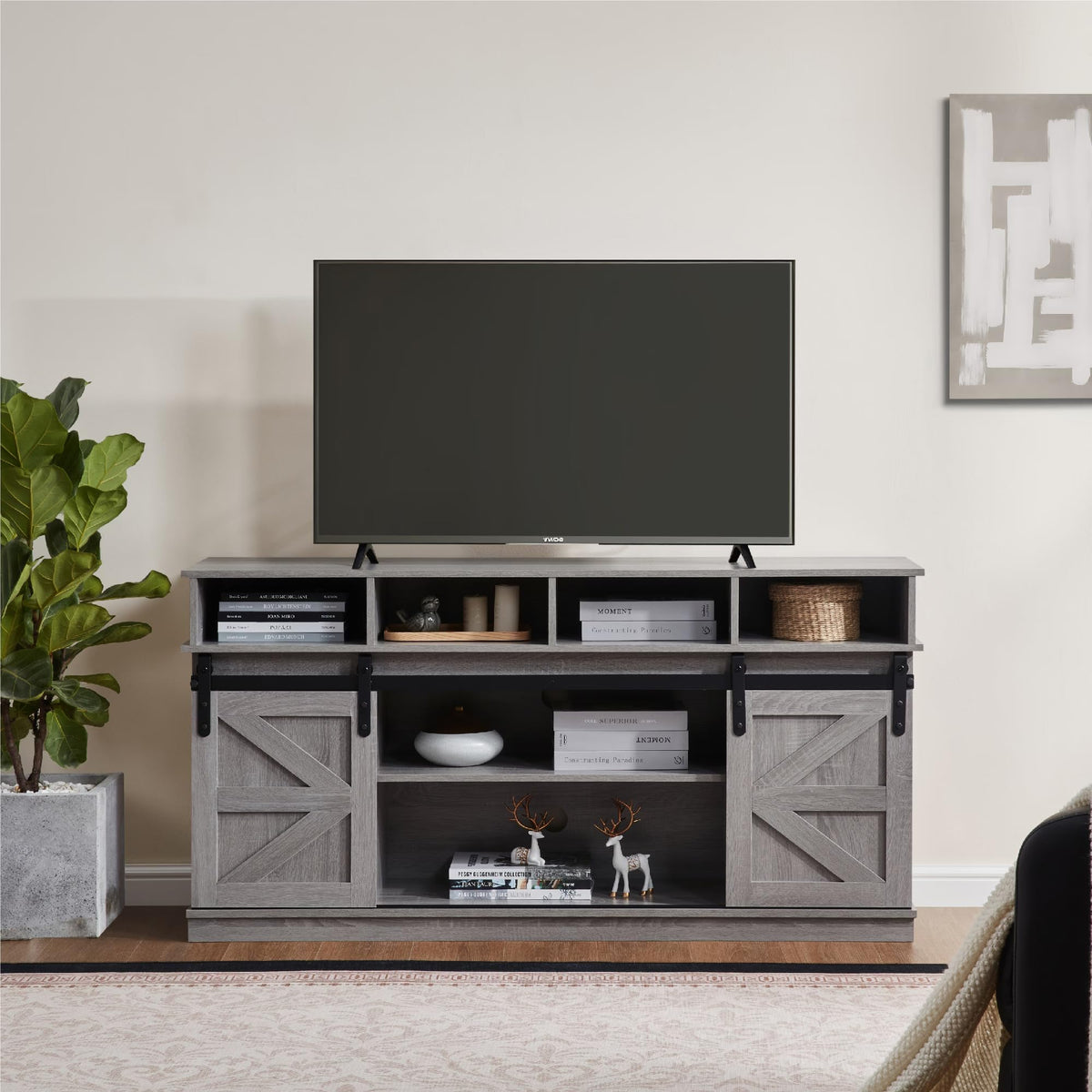 Grey Wood TV Stand with Sliding Barn Door V62138