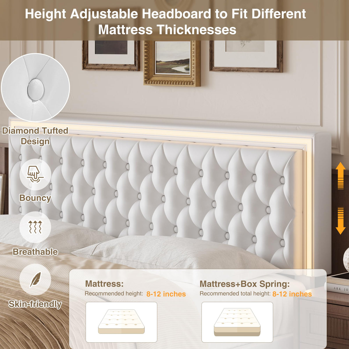 White Full Size LED Bed Frame with 4 Storage Drawers and Adjustable Headboard J518173