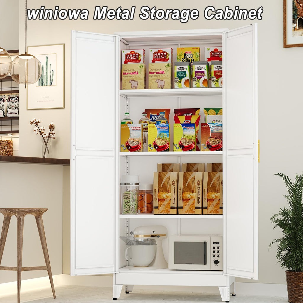 White Metal Pantry Cabinet with 2 Doors and Adjustable Shelves K490351