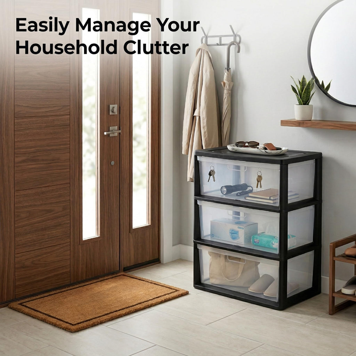 Black 3 Drawer Storage Organizer Tower with Clear Plastic Bins G4372