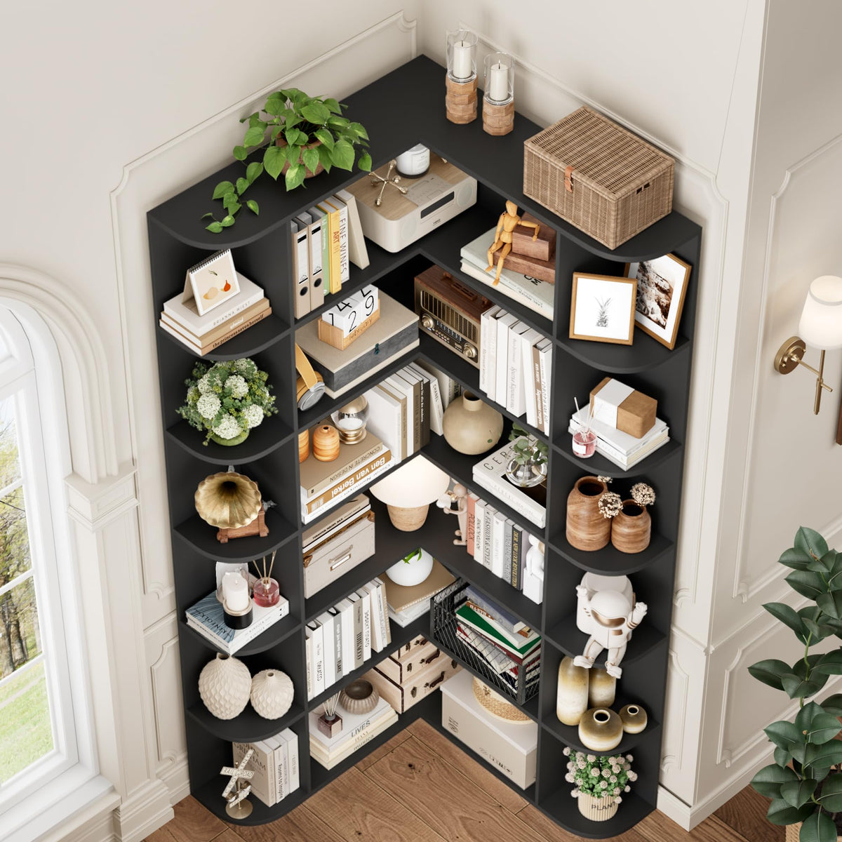 72" Tall 6-Tier Black Corner Bookshelf G353285