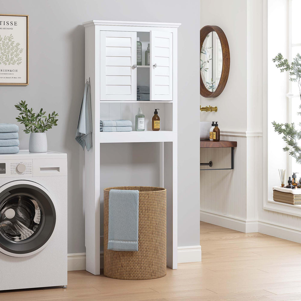 White Over The Toilet Storage Cabinet with Louvered Doors & Hooks R8893