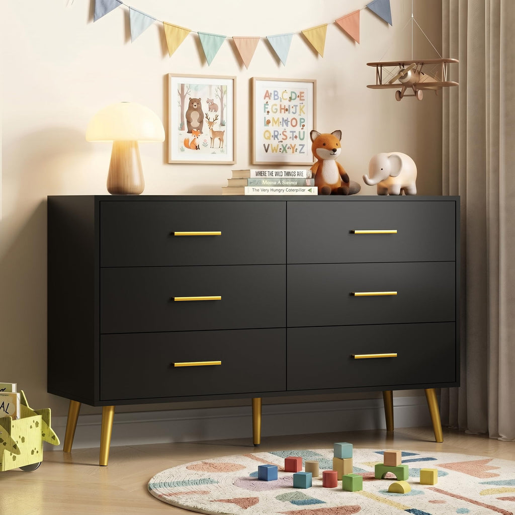 Black 6 Drawer Wood Dresser E6113
