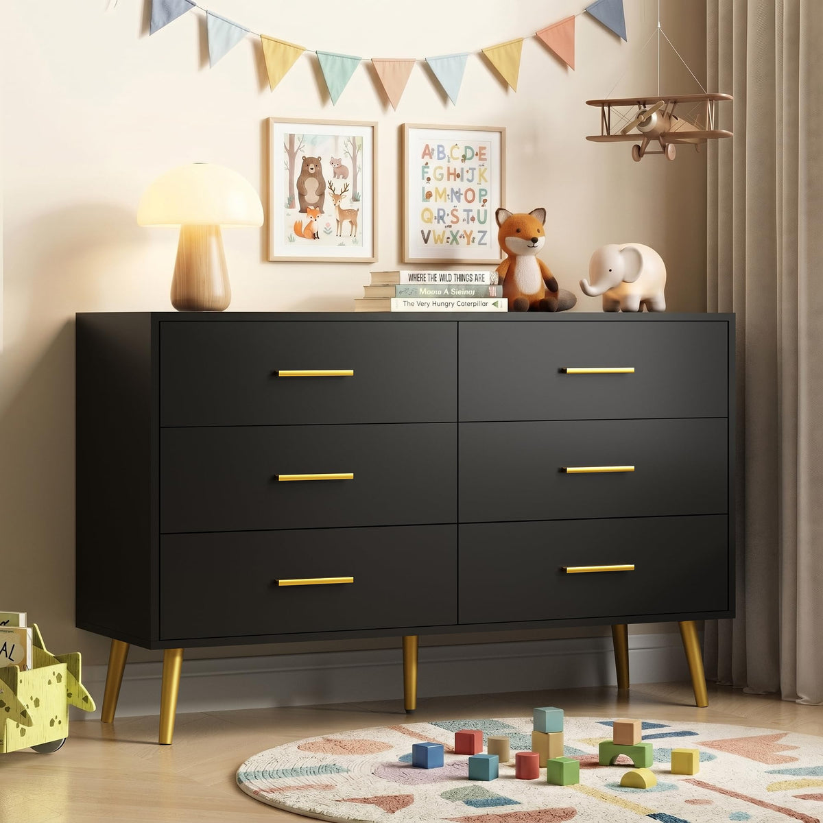 Black 6 Drawer Wood Dresser E6113