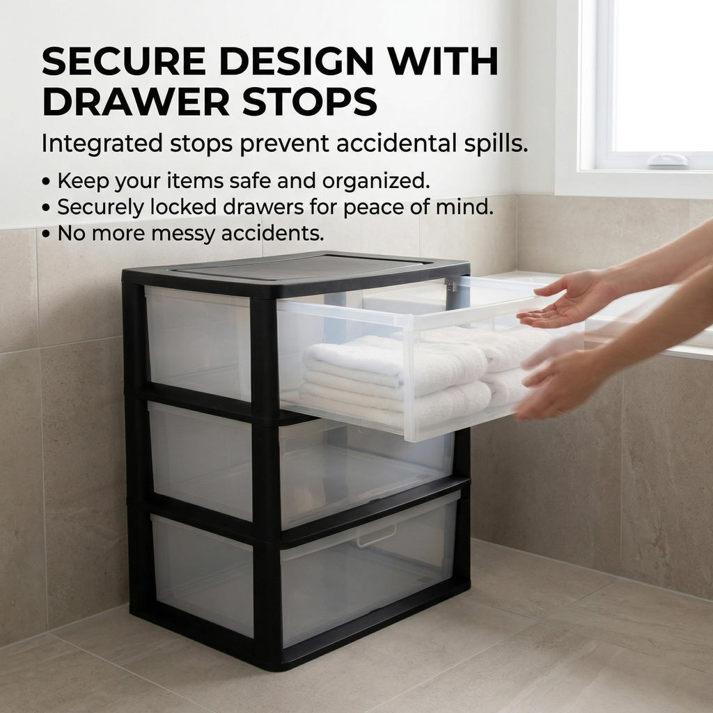 Black 3 Drawer Storage Organizer Tower with Clear Plastic Bins G4372