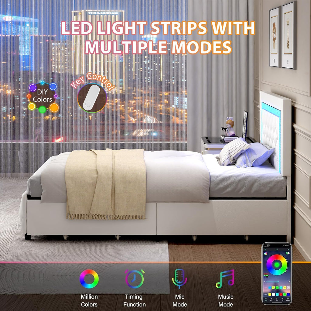 White Twin Bed Frame with Storage Drawers and LED Lights Y5089