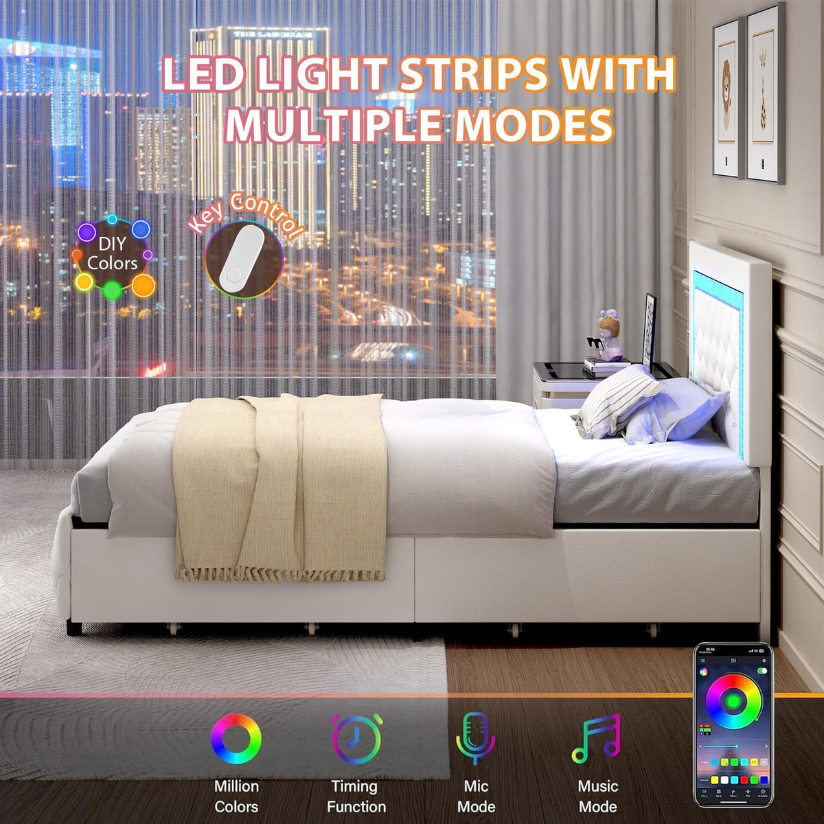 White Twin Bed Frame with Storage Drawers and LED Lights Y5089