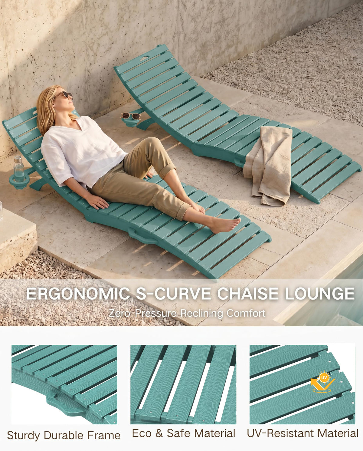 Blue HDPE Pool Chaise Lounge Chairs with Cup Holder, Set of 2 T3015