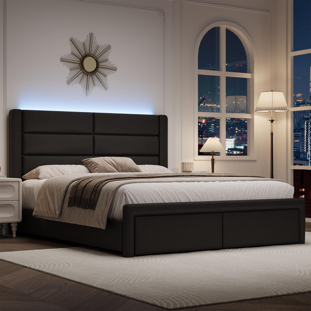 Black Queen Upholstered Bed Frame with Headboard and LED Lights V460021