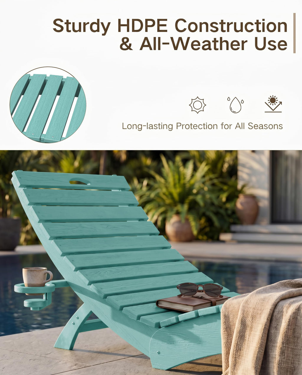 Blue HDPE Pool Chaise Lounge Chairs with Cup Holder, Set of 2 T3015