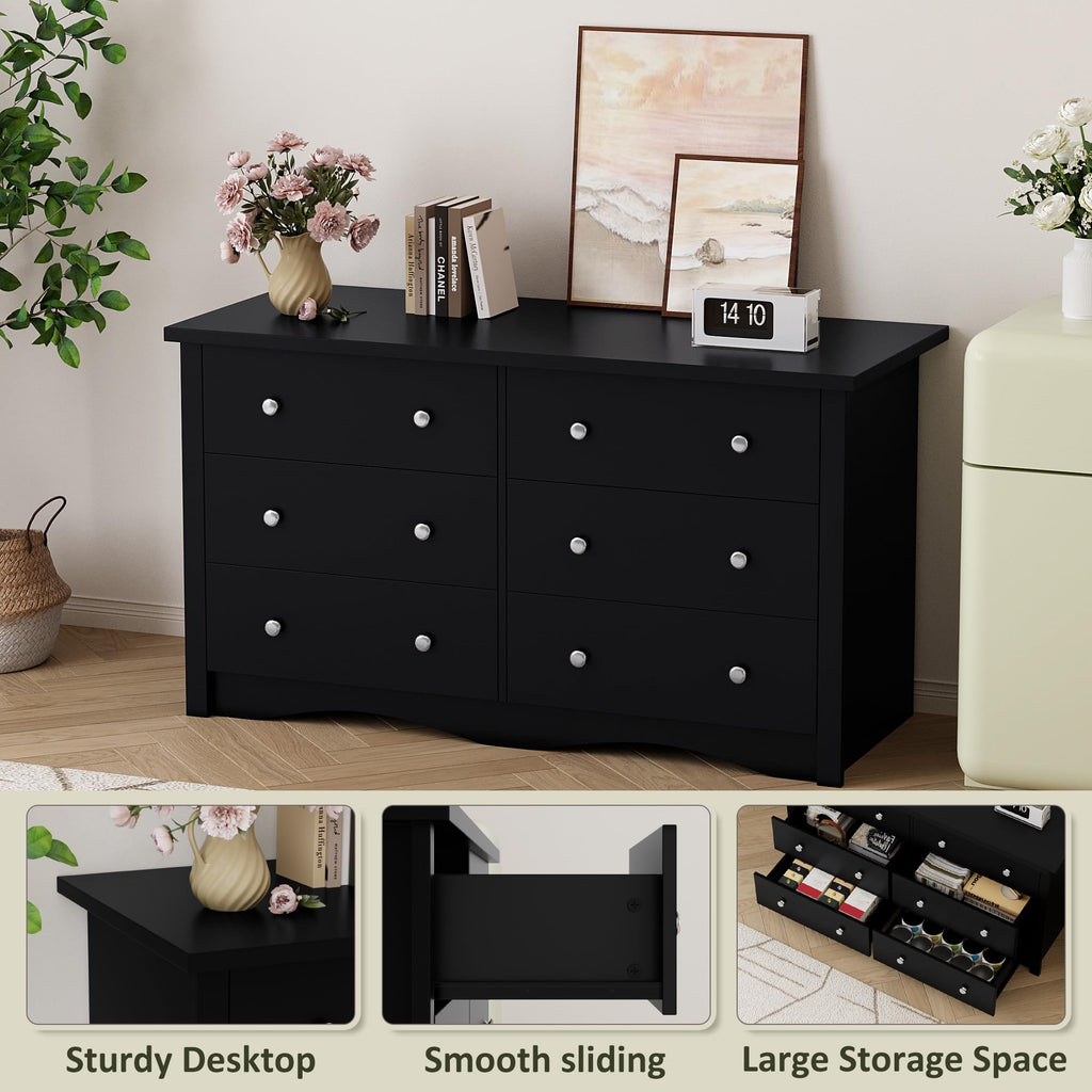 Black 6 Drawer Wood Dresser W7348