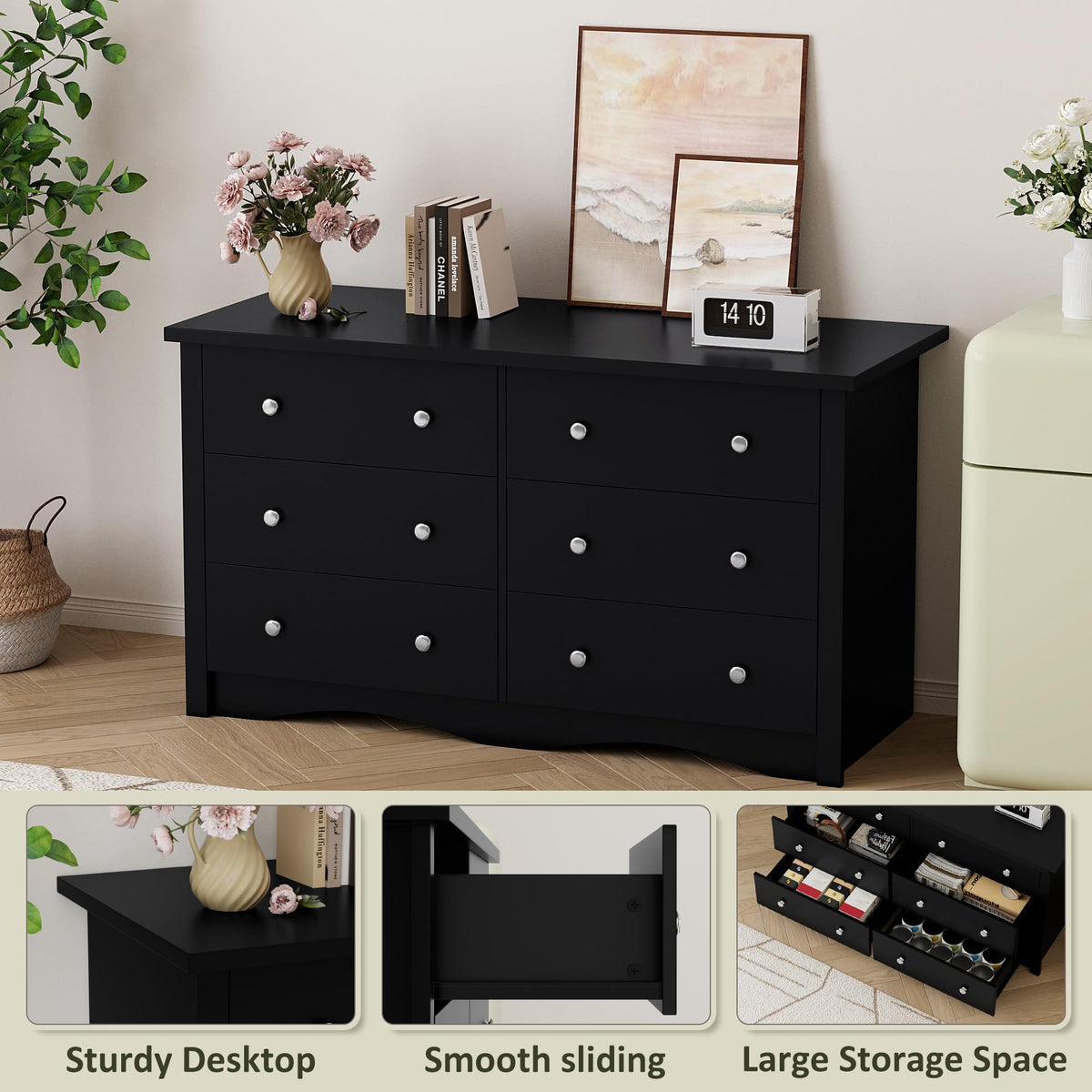Black 6 Drawer Wood Dresser W7348