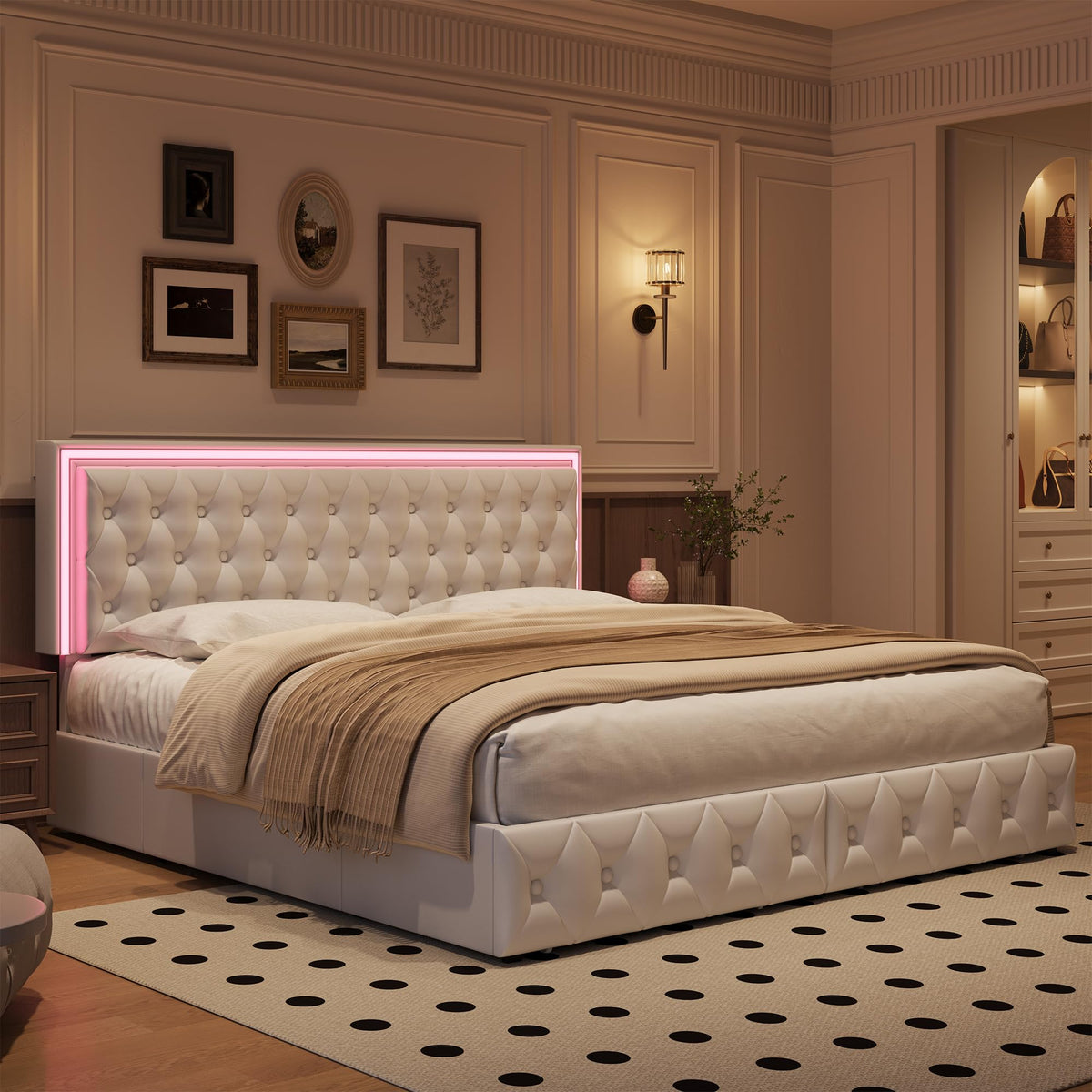 White Full Size LED Bed Frame with 4 Storage Drawers and Adjustable Headboard J518173