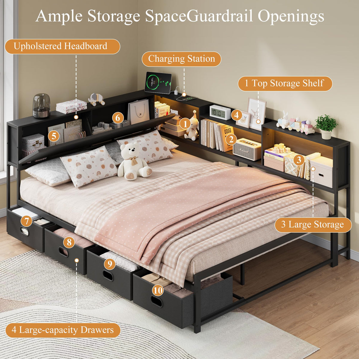 Black Corner Bed Frame with 4 Storage Bookcases J50557