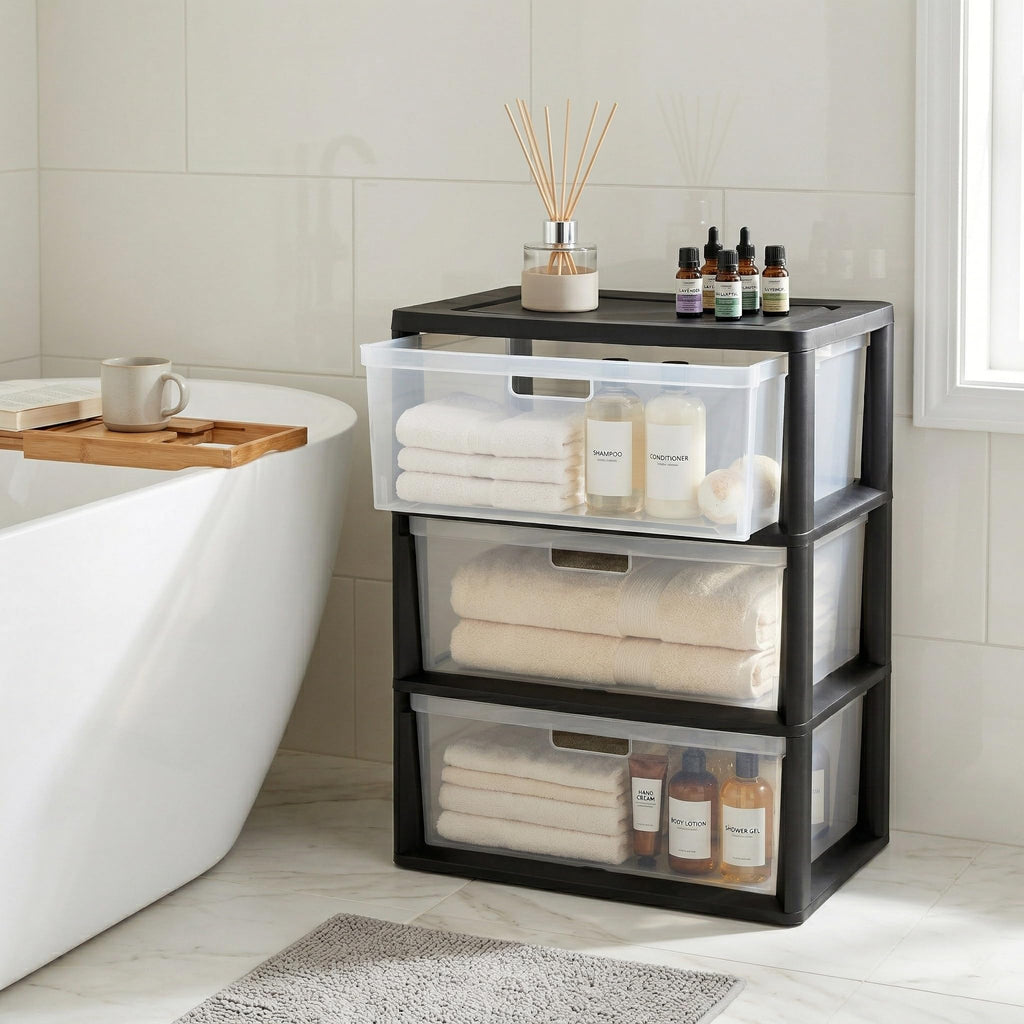 Black 3 Drawer Storage Organizer Tower with Clear Plastic Bins G4372