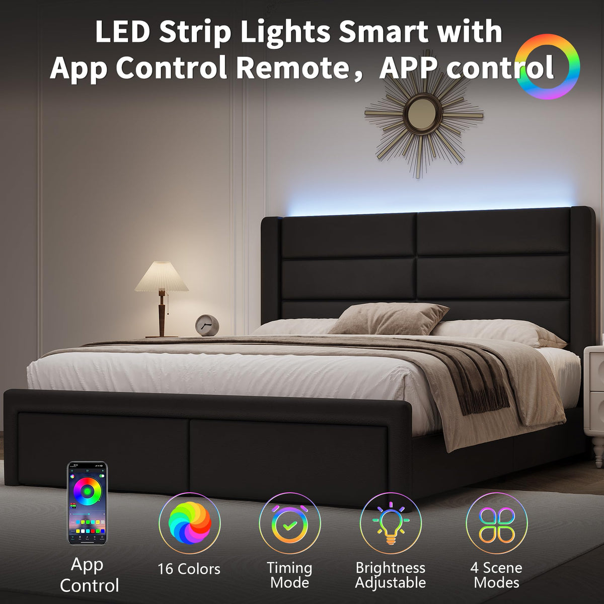 Black Queen Upholstered Bed Frame with Headboard and LED Lights V460021