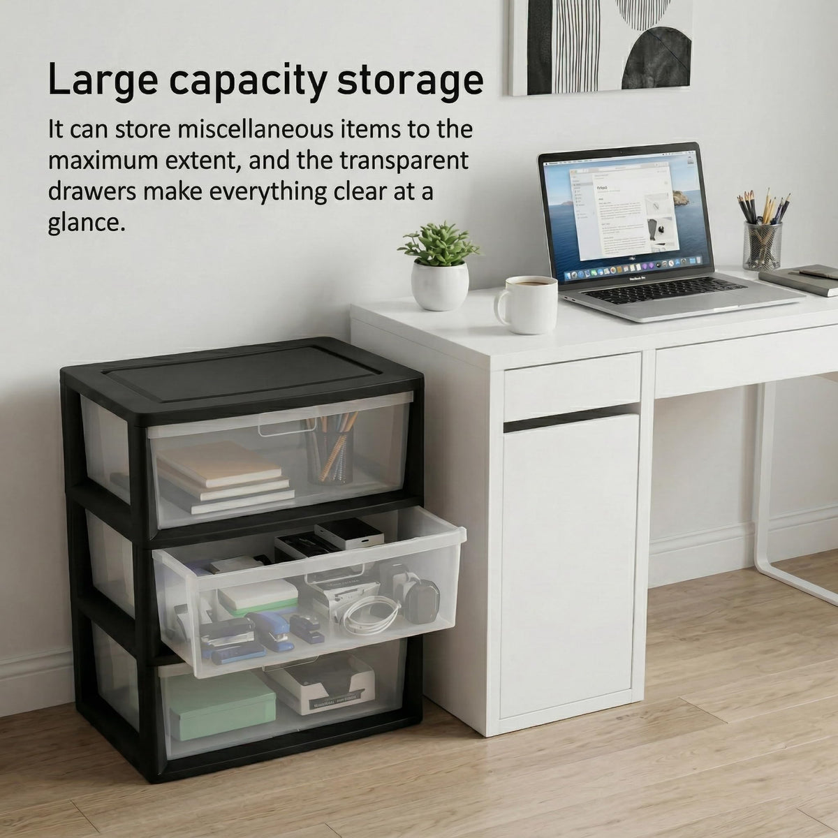 Black 3 Drawer Storage Organizer Tower with Clear Plastic Bins G4372