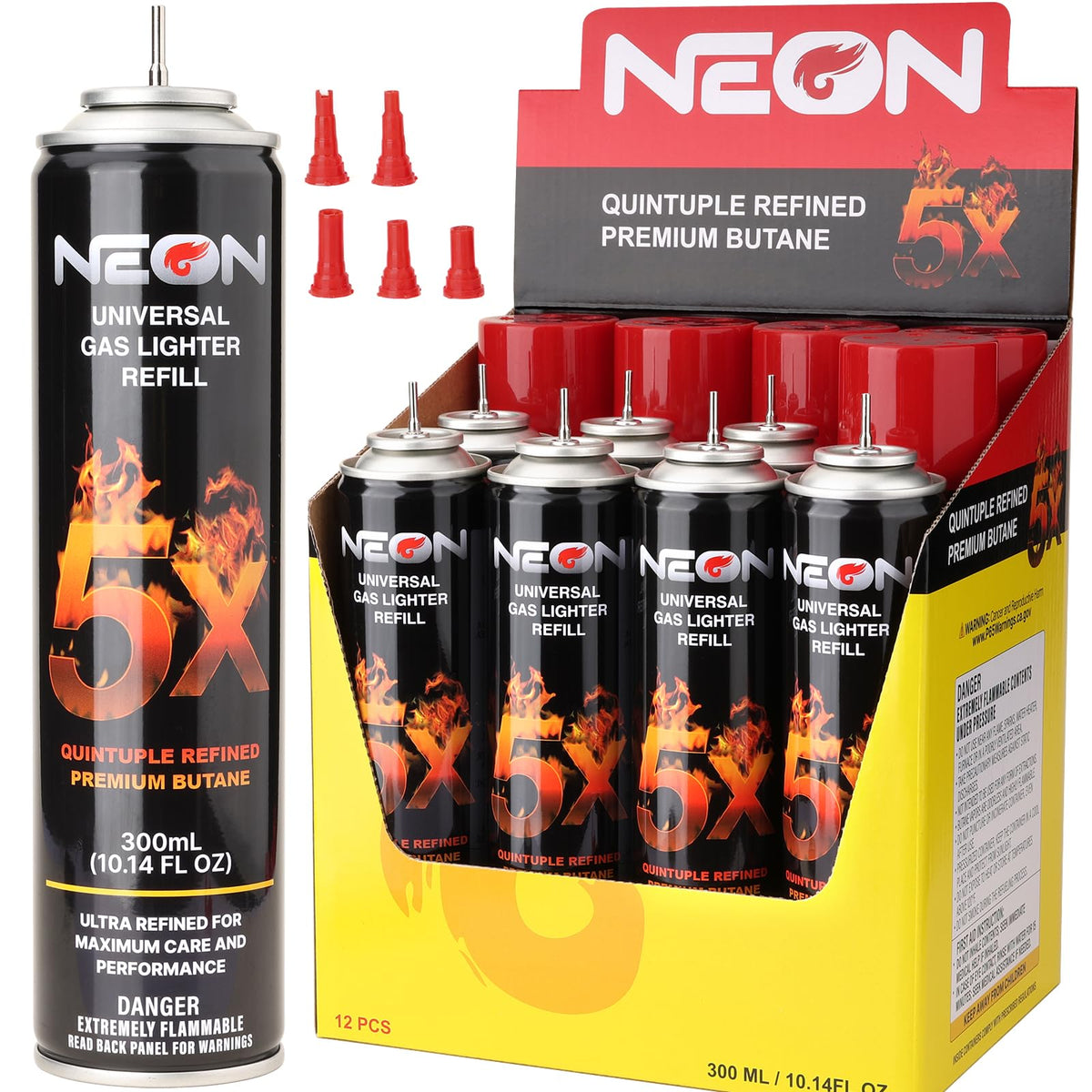 300ml Butane Fuel Refill with Metal Nozzle & 5 Adapters, 12 Cans V130