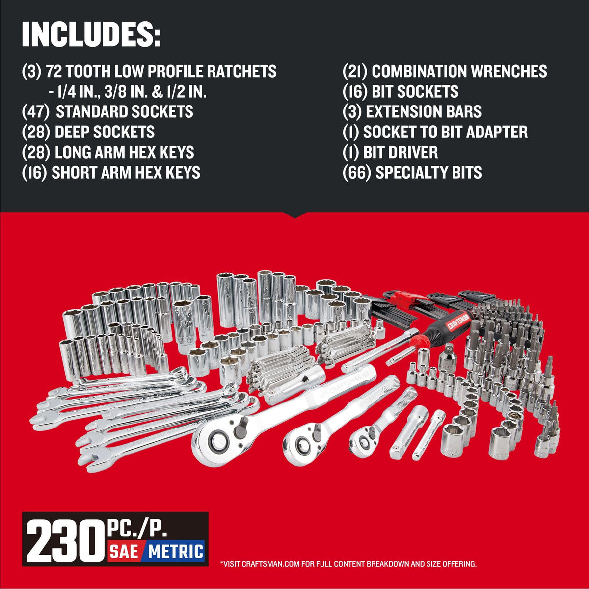 230 Pcs Mechanics Tool Set Socket Wrench Set with Toolbox L6147