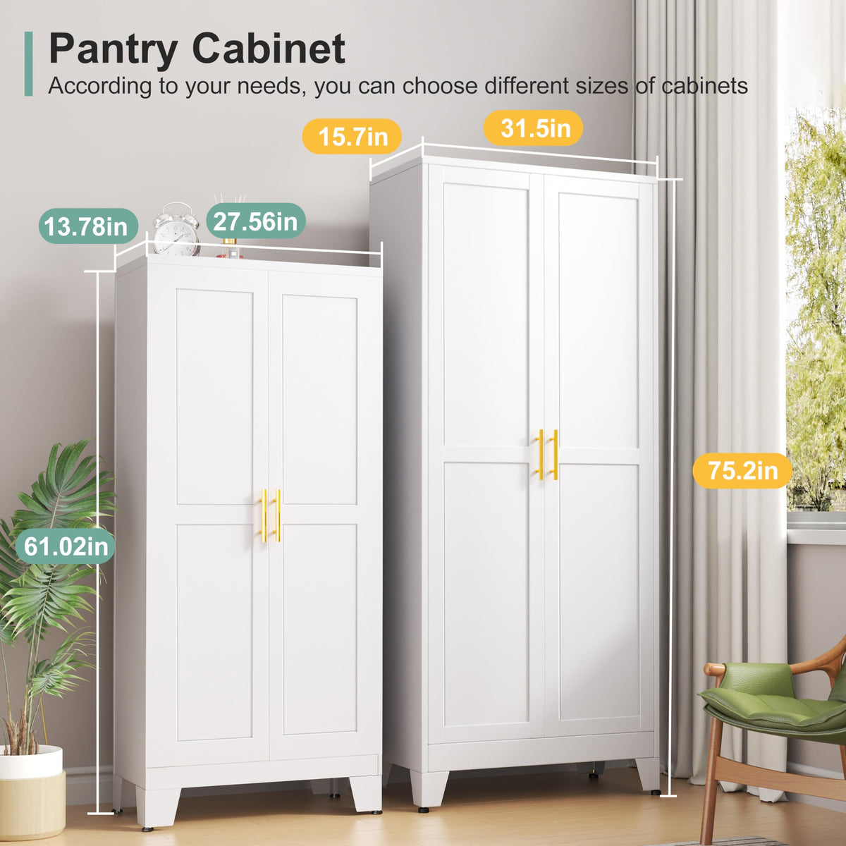 White Metal Pantry Cabinet with 2 Doors and Adjustable Shelves K490351
