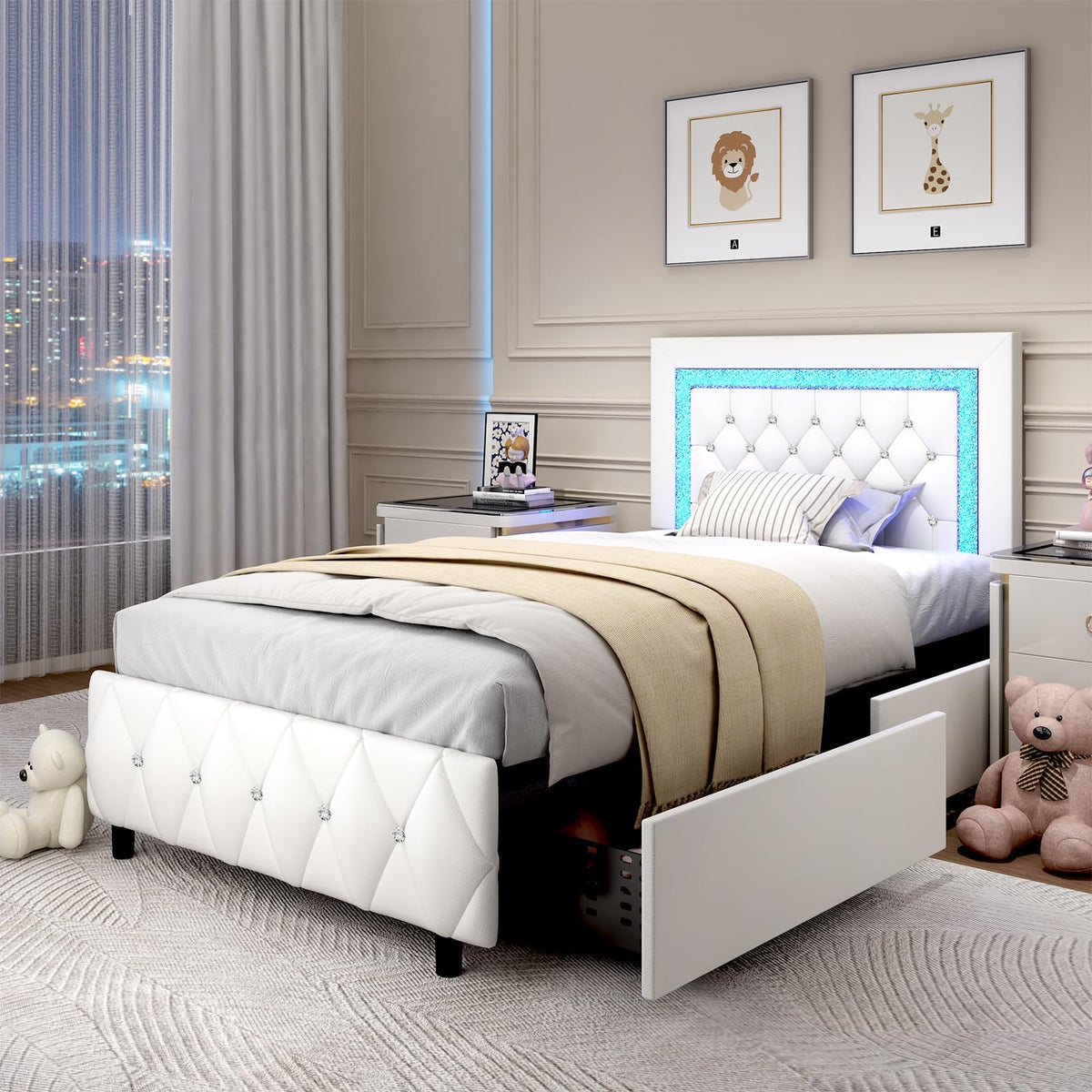 White Twin Bed Frame with Storage Drawers and LED Lights Y5089