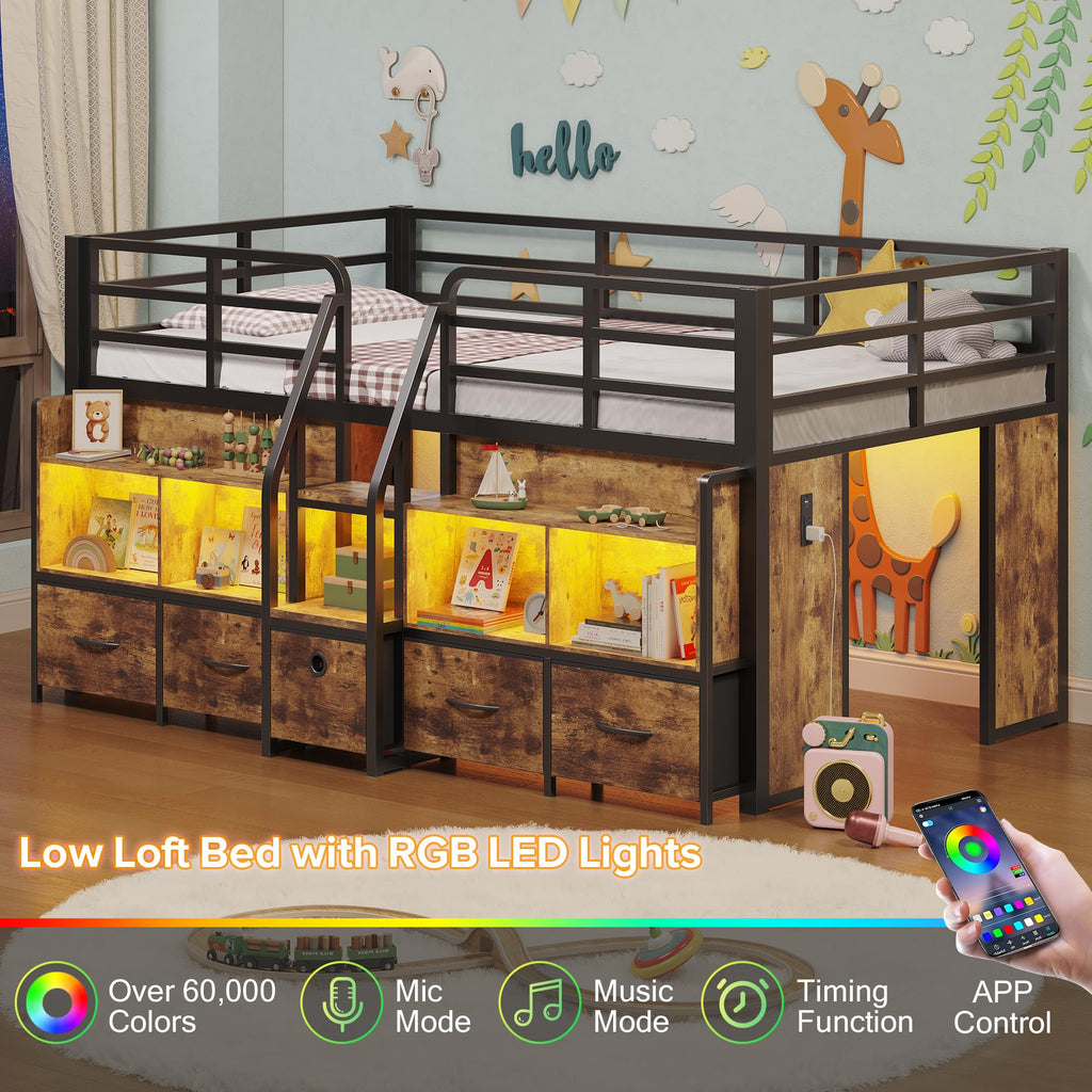 Twin Low Loft Bed with 5 Storage Drawers and 6 Bookcase Z29327