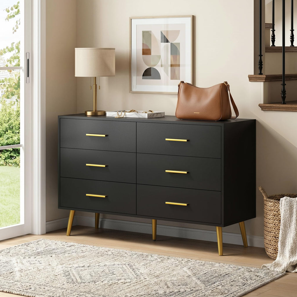 Black 6 Drawer Wood Dresser E6113