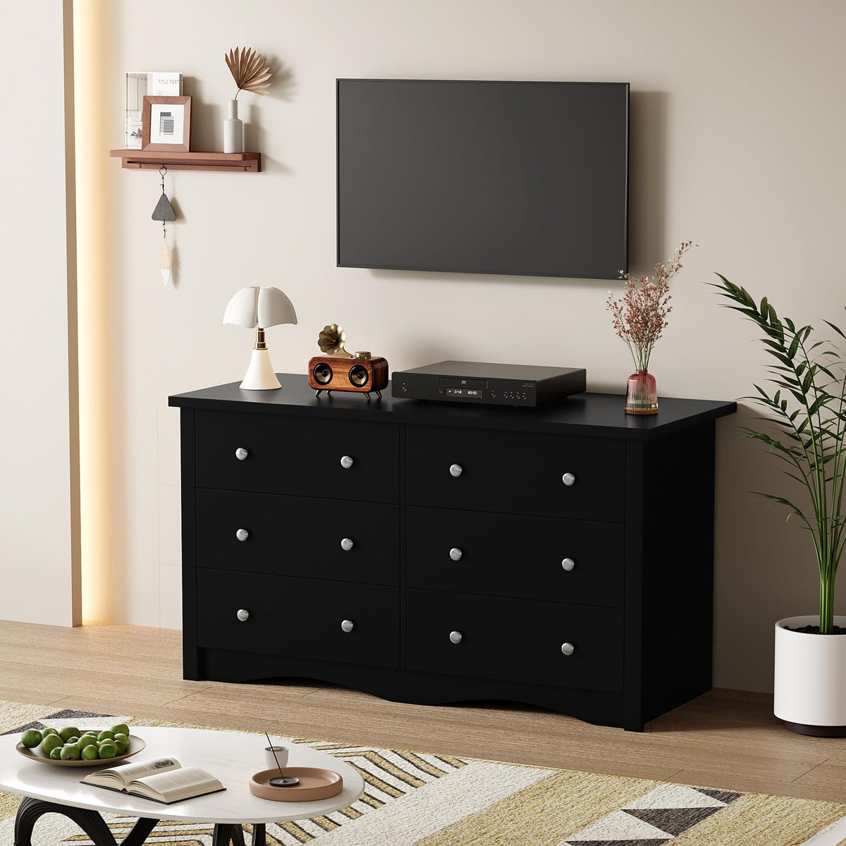 Black 6 Drawer Wood Dresser W7348