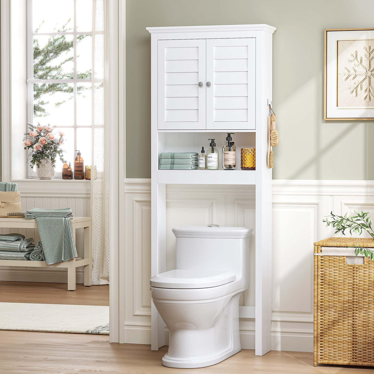 White Over The Toilet Storage Cabinet with Louvered Doors & Hooks R8893