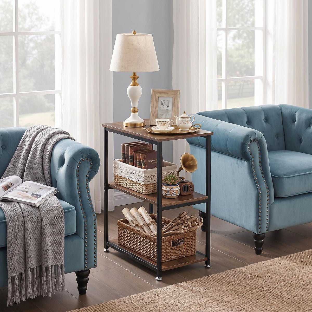 Tall End Side Table with 3-Tier Storage Shelf E28855