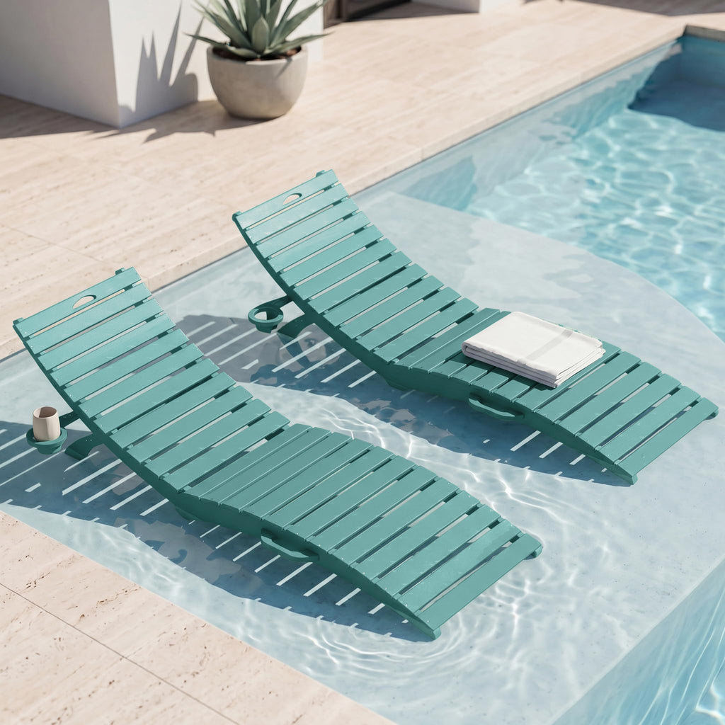 Blue HDPE Pool Chaise Lounge Chairs with Cup Holder, Set of 2 T3015