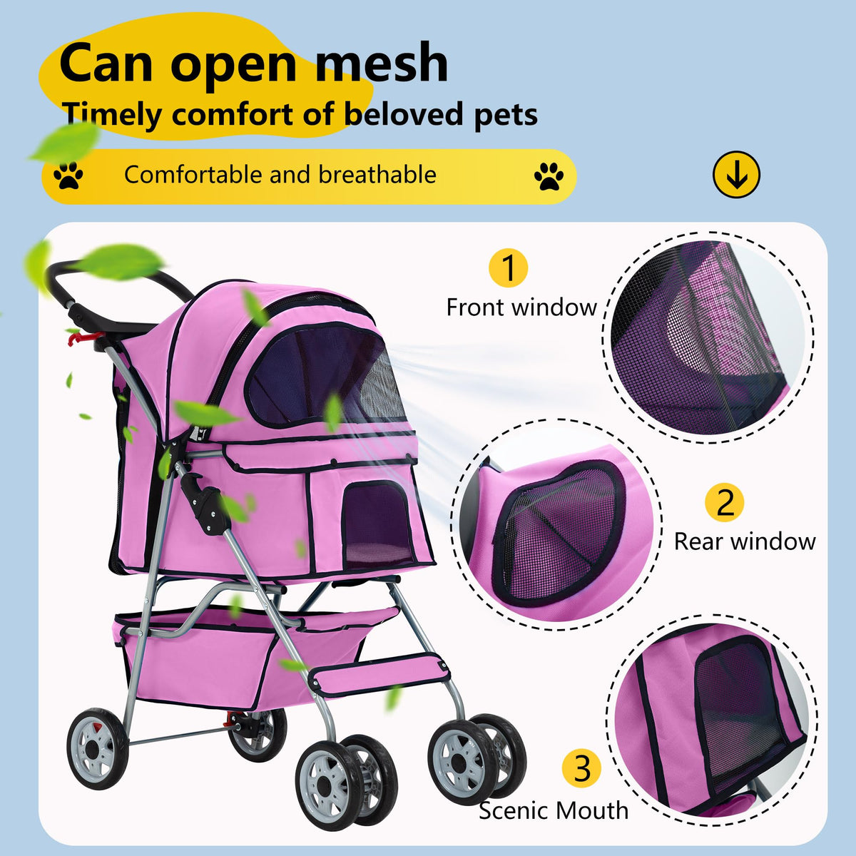4-Wheel Foldable Pet Stroller Pink Q984