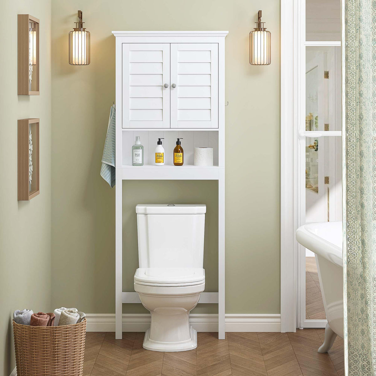 White Over The Toilet Storage Cabinet with Louvered Doors & Hooks R8893