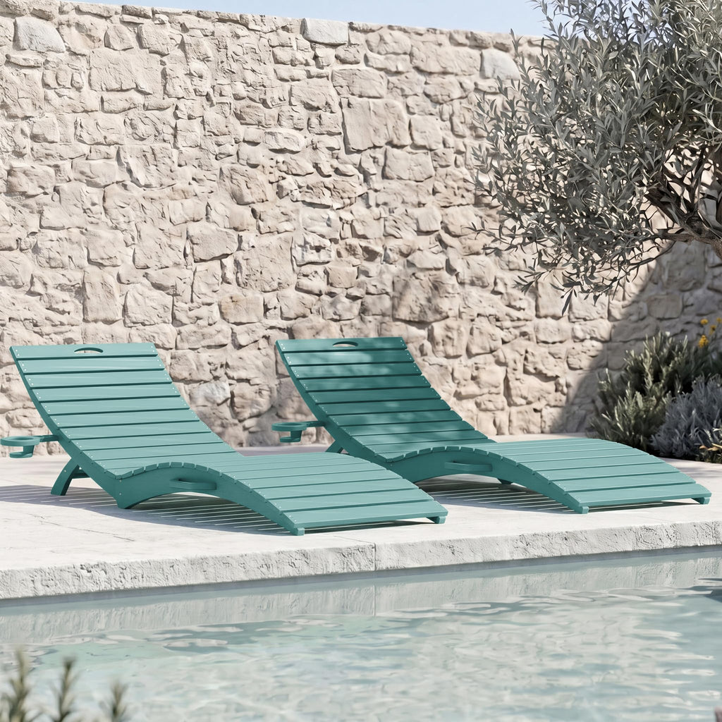 Blue HDPE Pool Chaise Lounge Chairs with Cup Holder, Set of 2 T3015