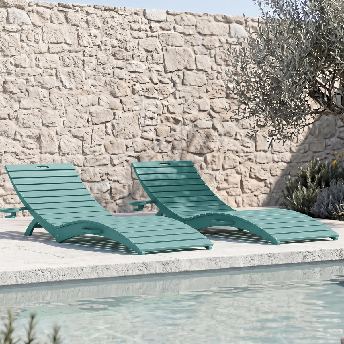 Blue HDPE Pool Chaise Lounge Chairs with Cup Holder, Set of 2 T3015