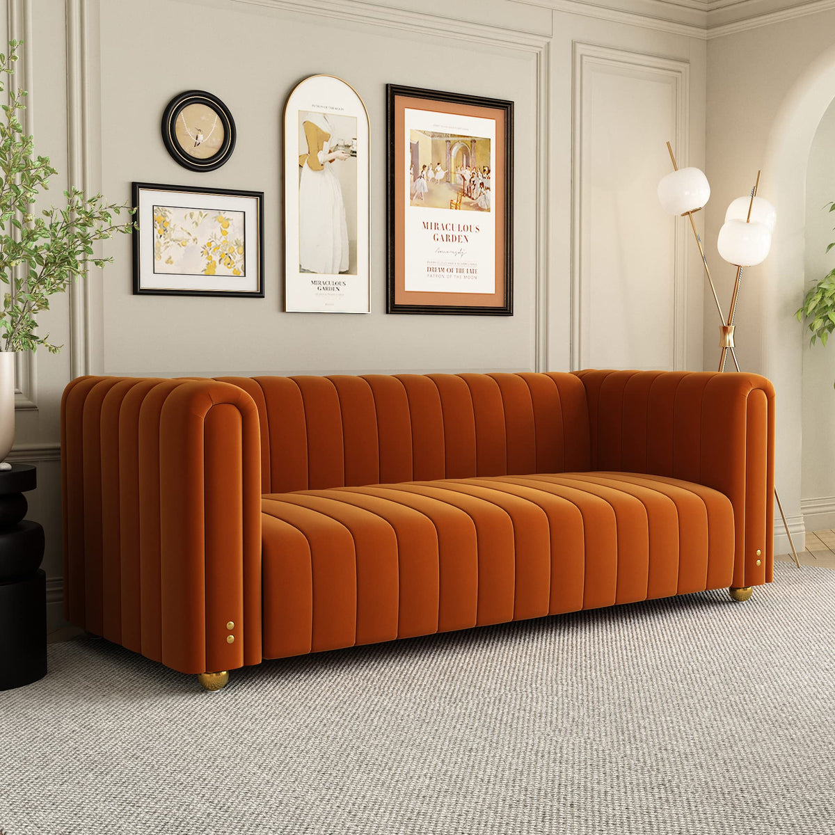 Orange Velvet 3 Seat Tufted Sofa Y9323