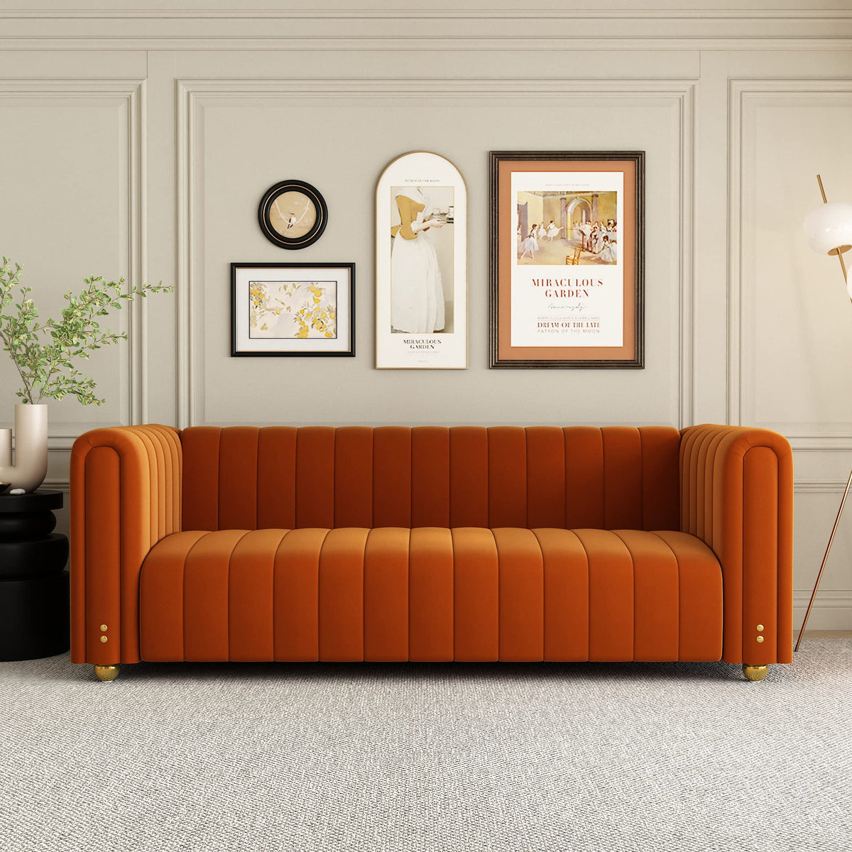 Orange Velvet 3 Seat Tufted Sofa Y9323