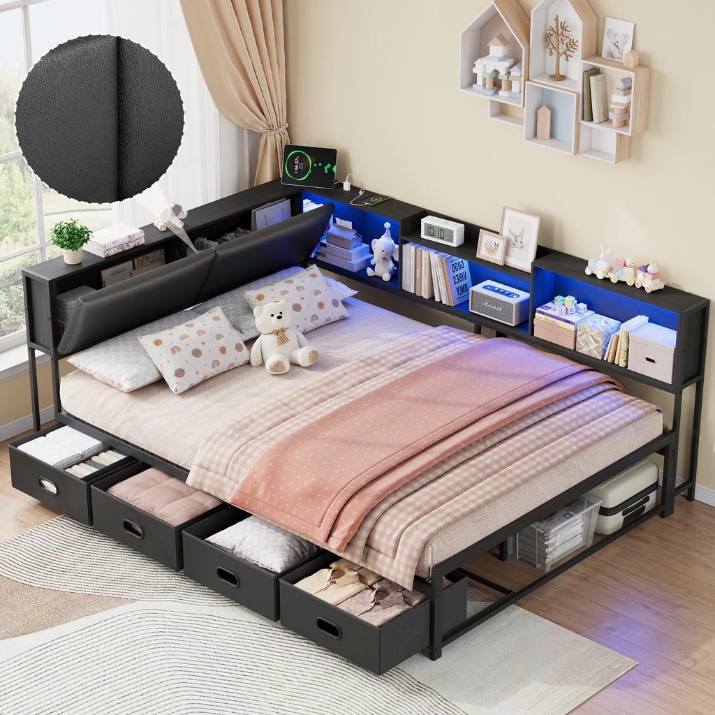 Black Corner Bed Frame with 4 Storage Bookcases J50557