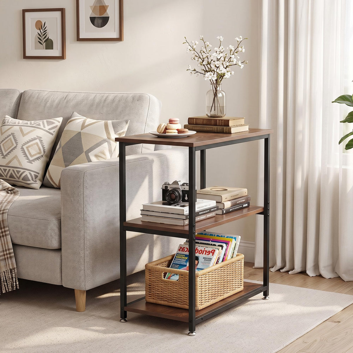 Tall End Side Table with 3-Tier Storage Shelf E28855