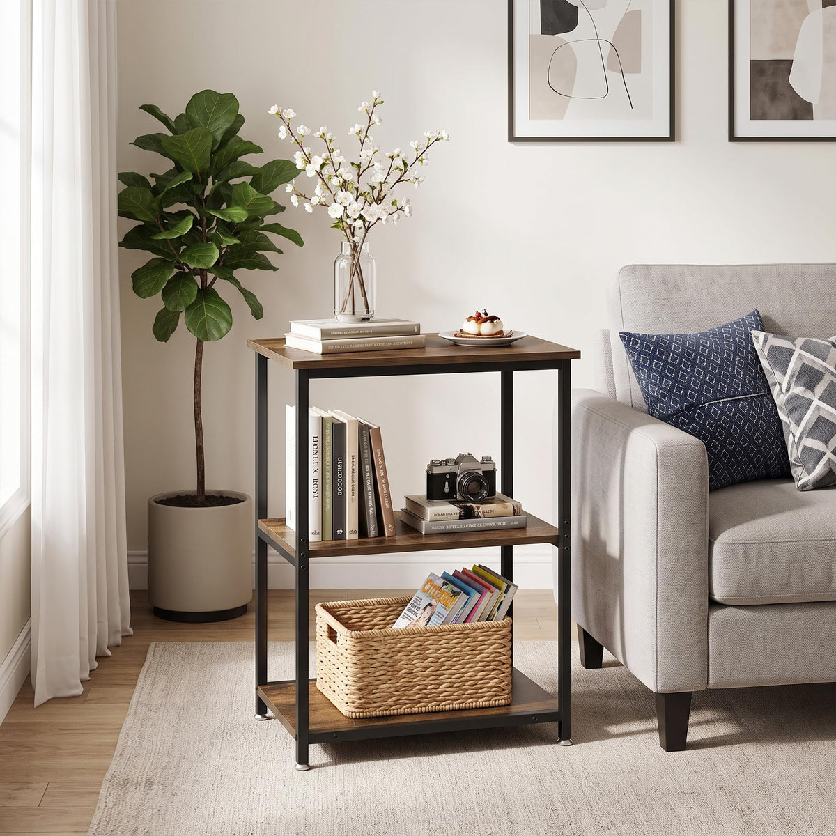 Tall End Side Table with 3-Tier Storage Shelf E28855