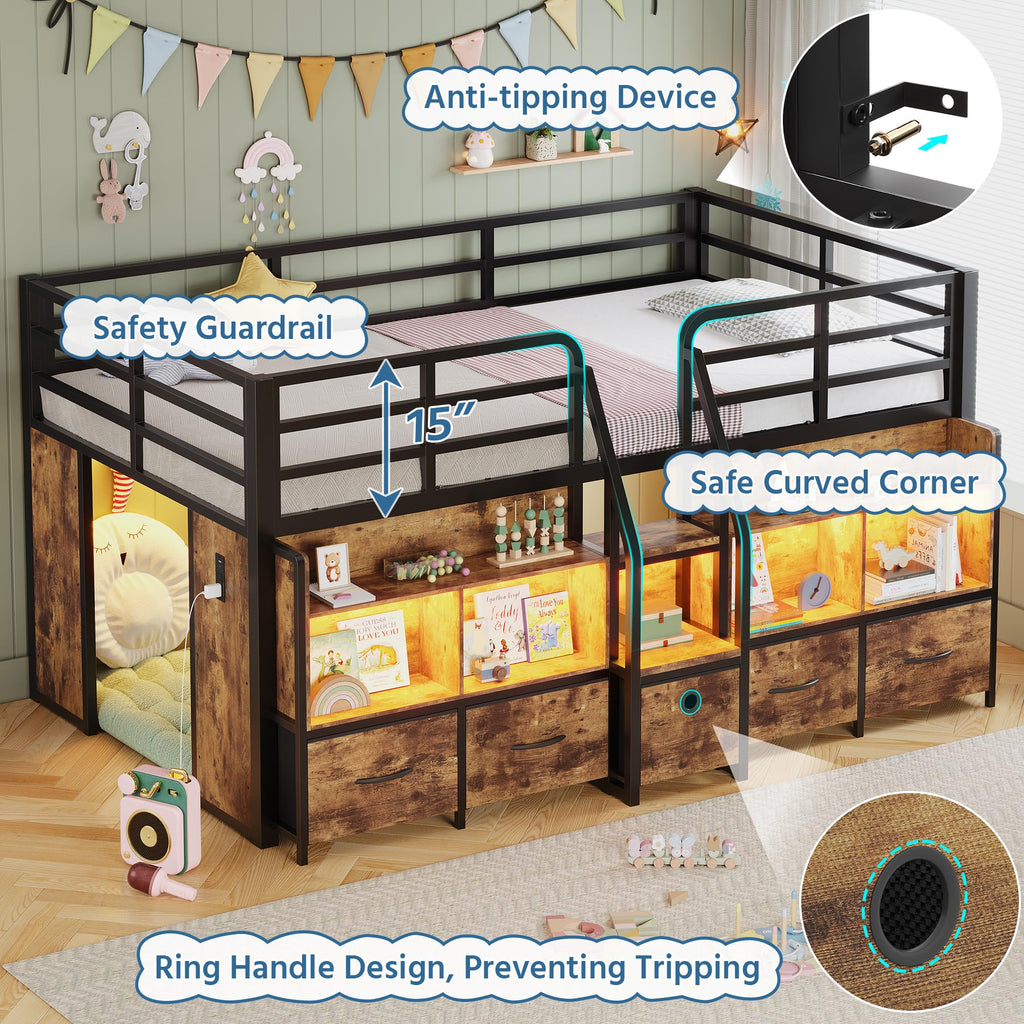 Twin Low Loft Bed with 5 Storage Drawers and 6 Bookcase Z29327