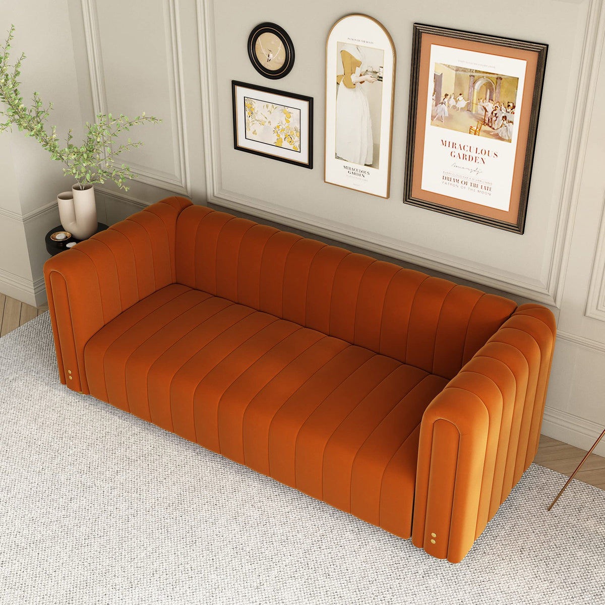 Orange Velvet 3 Seat Tufted Sofa Y9323