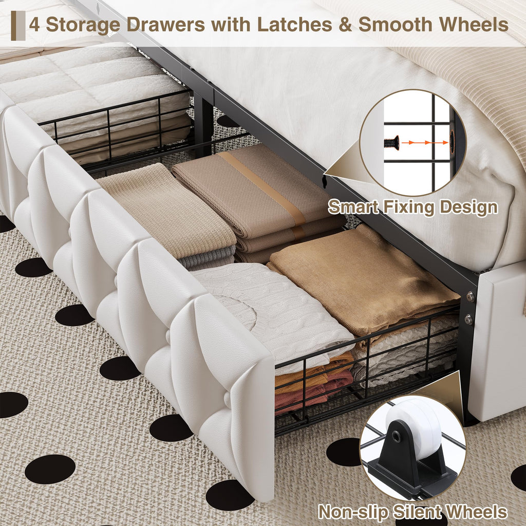 White Full Size LED Bed Frame with 4 Storage Drawers and Adjustable Headboard J518173